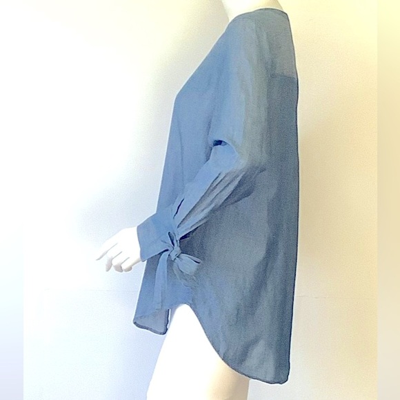 LOFT Blue Chambray Pleated Button Front Henley Popover Tunic Tie Cuffs Sz S - Picture 12 of 15